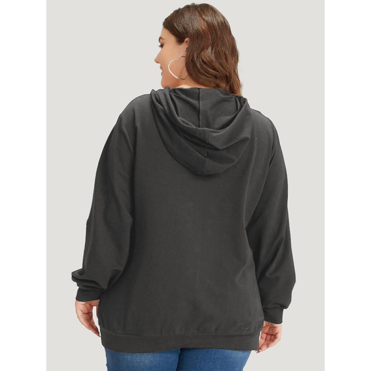 Plus Size Letter Print Pocket Drawstring Hooded Sweatshirt Women Gray Casual Elastic cuffs Dailywear Sweatshirts BloomChic 22-24/3X Product Image