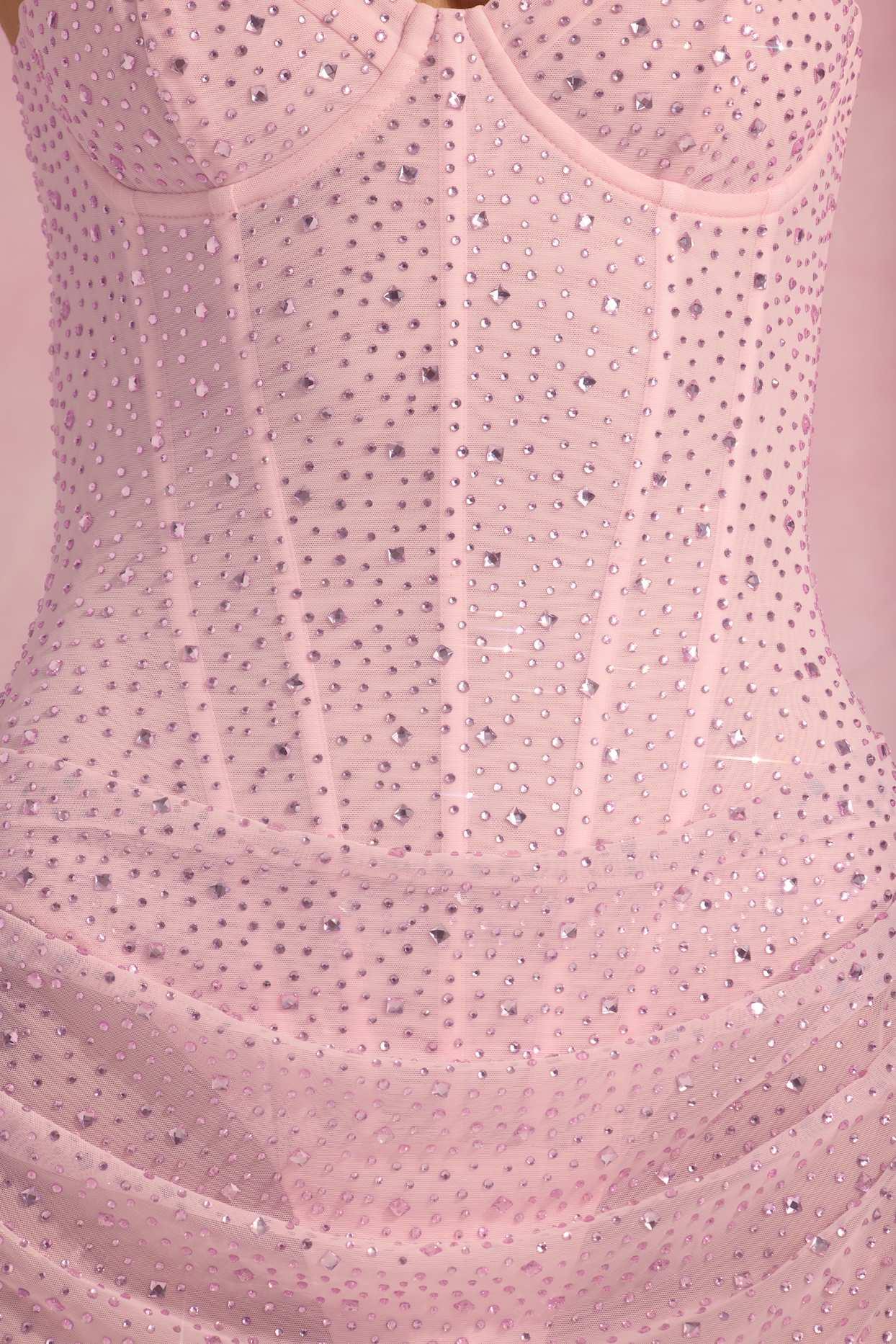 Semi-Sheer Embellished Draped Corset Mini Dress in Pink Product Image