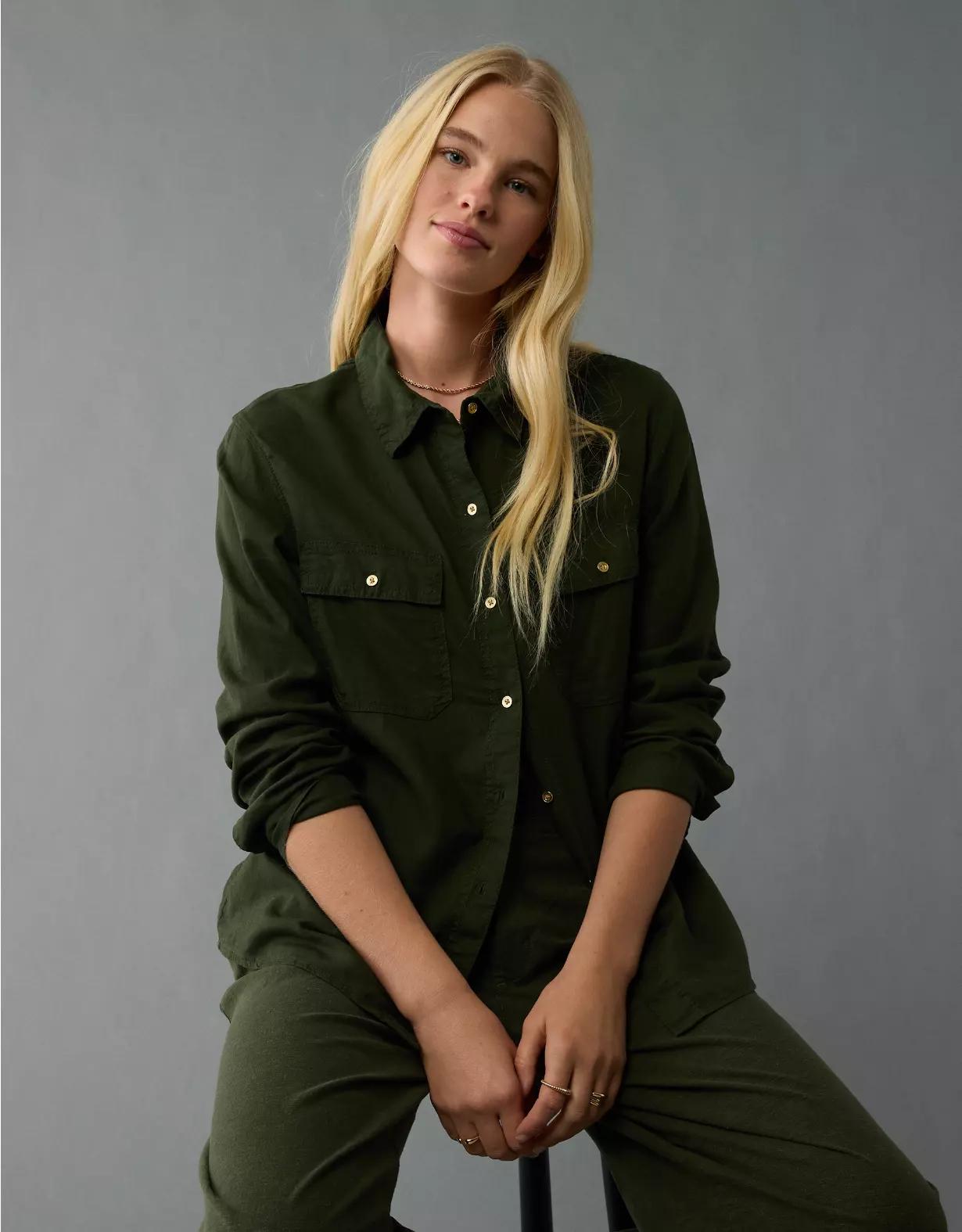 AE Weekend Vibes Linen-Blend Long-Sleeve Button-Up Shirt Product Image