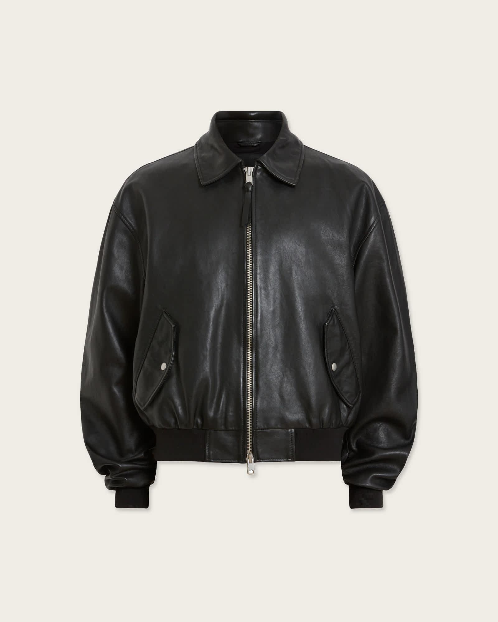 Marco Oversized Leather Bomber Jacket Black | ALLSAINTS US Product Image
