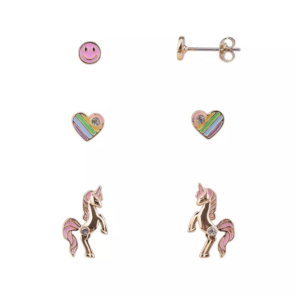 FAO Schwarz Gold Tone Unicorn & Heart Trio Stud Earring Set, Women's, Pink Product Image