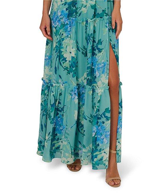 Adrianna Papell Floral Chiffon Square Neck Ruffle A-Line Maxi Dress Product Image