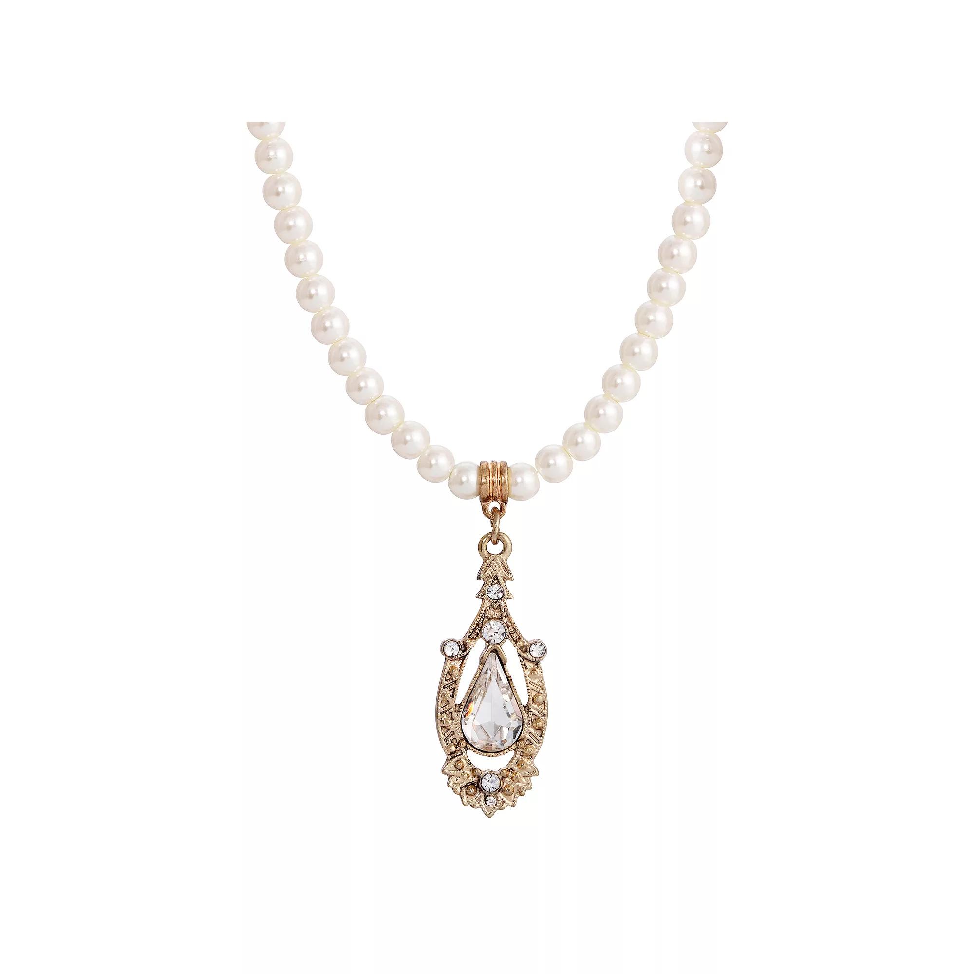1928 Gold Tone Crystal Pear-Shaped Pendant Simulated Pearl Necklace, Womens Product Image