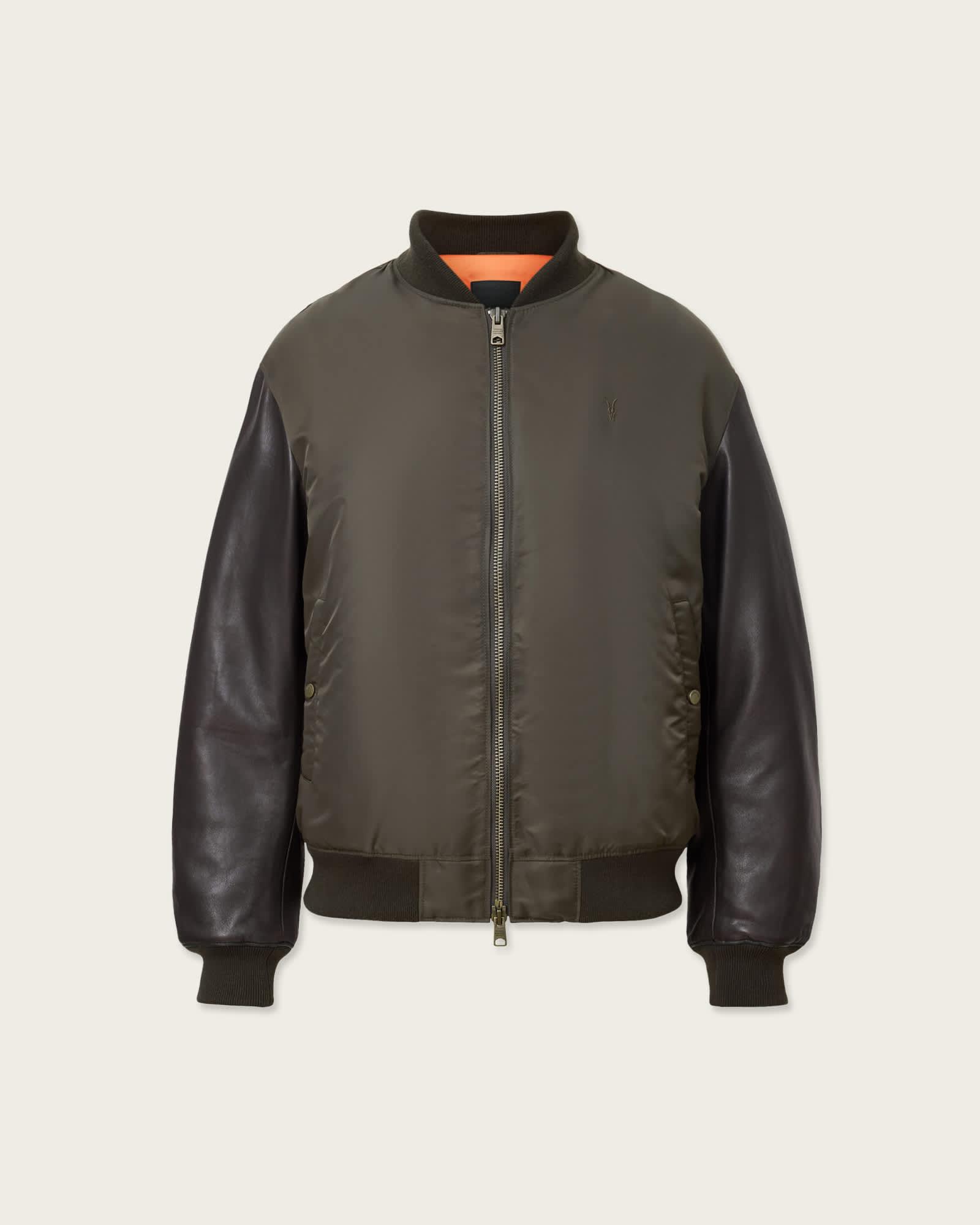Myler Ramskull Leather Bomber Jacket Khaki | ALLSAINTS US Product Image