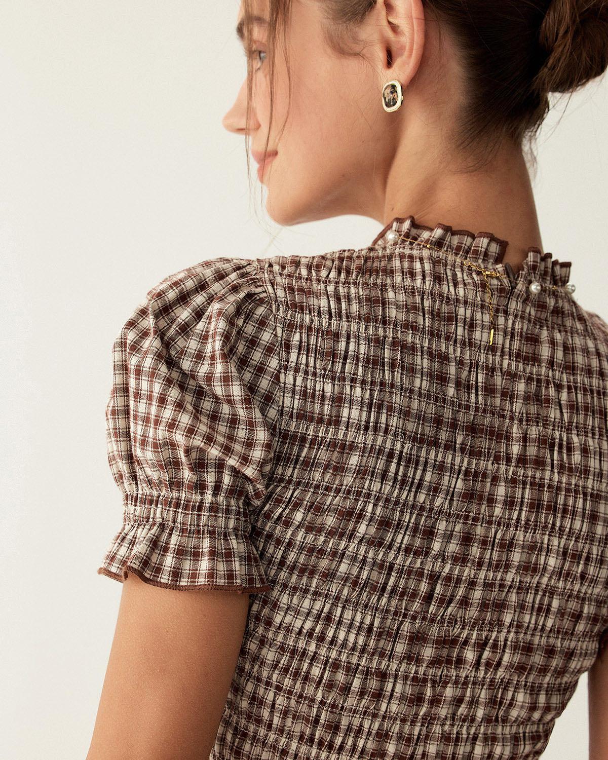 Coffee Plaid Puffed Sleeve Mini Dress Product Image