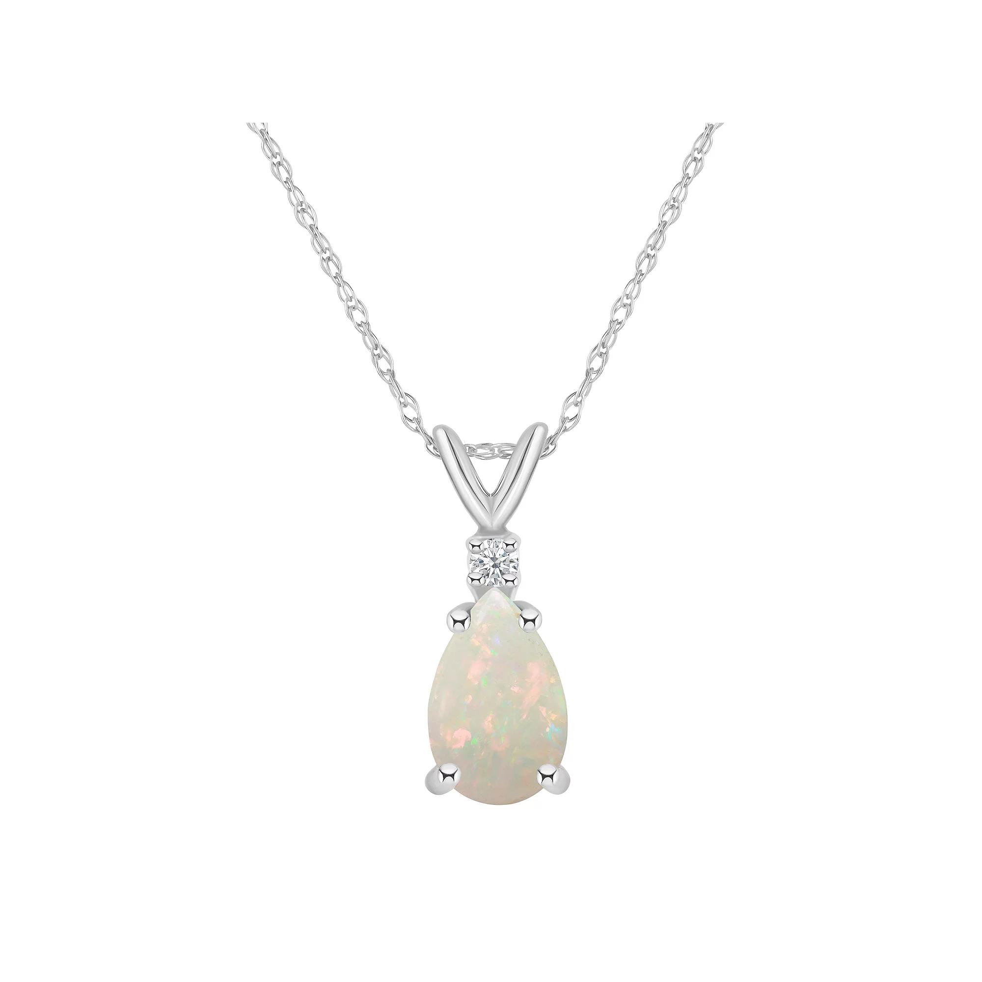 Celebration Gems 14k Gold Pear Shaped White Opal & Diamond Accent Pendant Necklace, Women's,  Product Image