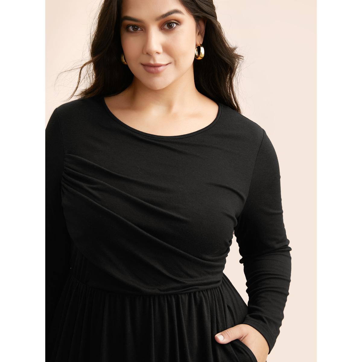 Plus Size Supersoft Essentials Boat Neck Gathered Dress Pureblack Women Casual Gathered Boat Neck Long Sleeve Curvy BloomChic 12/L Product Image