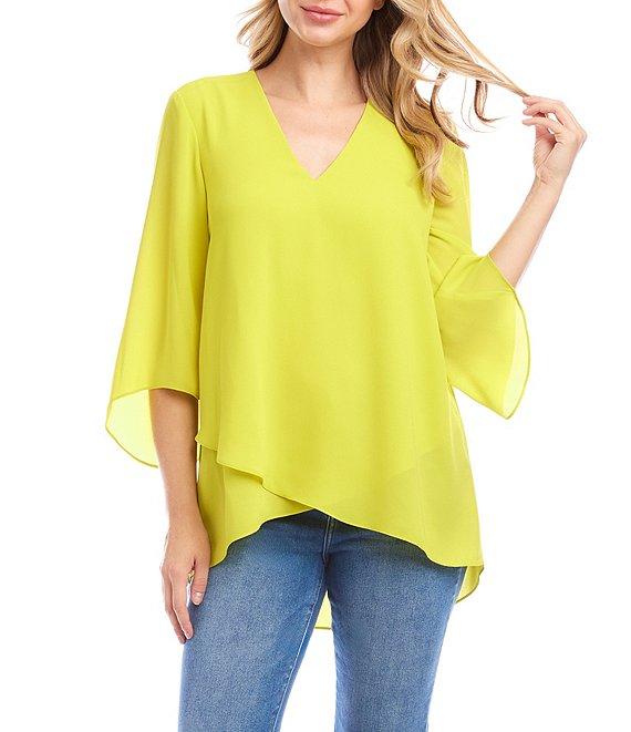 Karen Kane Silky Crepe V-Neck 3/4 Flare Sleeve Asymmetric Top Product Image