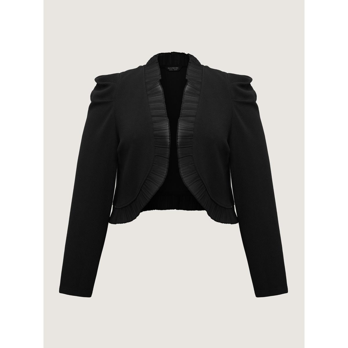 Plus Size Ruffled Curvy Hem Cropped Blazer Black Women Elegant Woven ribbon&lace trim Bishop sleeve Long Sleeve Non 14-16/1X Romantic Blazers BloomChic Product Image