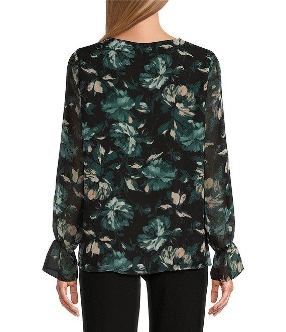 Kasper Floral Double Layer Long Puff Sleeve V-Neck Blouse Product Image