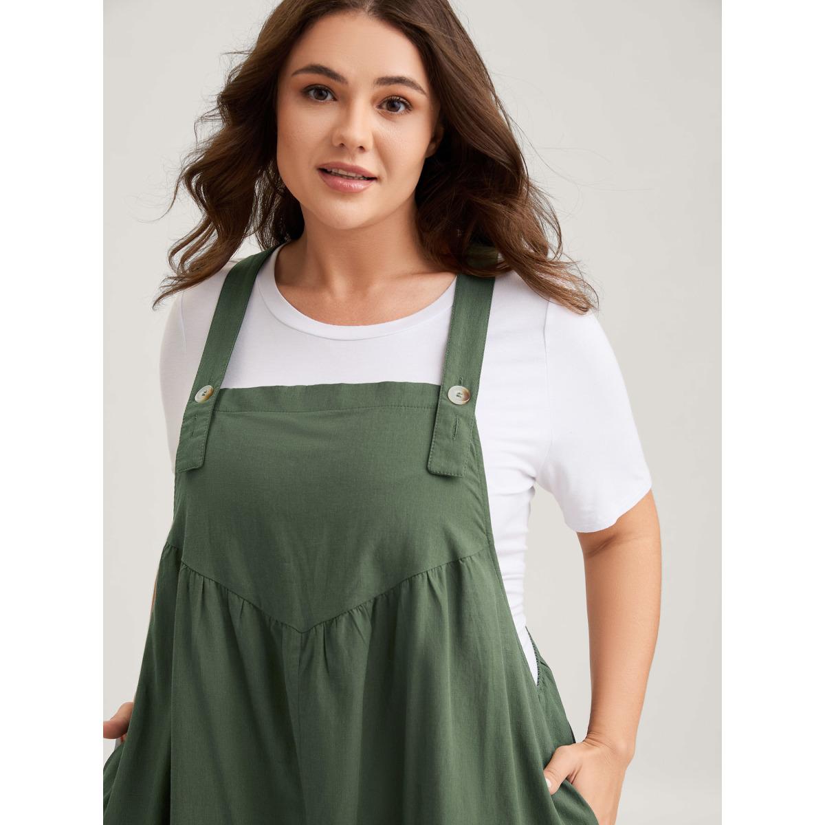 Plus Size Overall Straps Front Slit Pockets Midi Dress Emerald Women Leisure Square Neck Sleeveless Curvy BloomChic 10/M Product Image