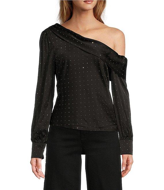 ASTR The Label Ellen Satin One-Shoulder Neck Long Sleeve Rhinestone Top Product Image