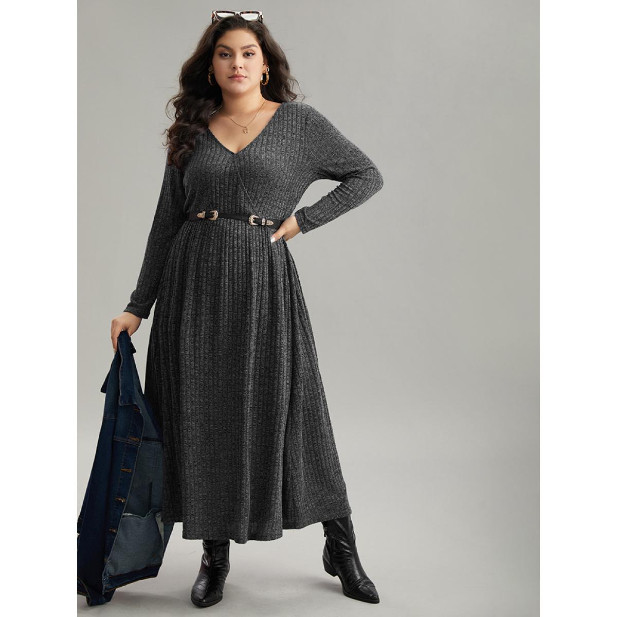 Plus Size Solid Rib Knit Overlap Collar Pocket Dress DimGray Women Casual Texture Overlap Collar Long Sleeve Curvy Midi Dress BloomChic 30/6X Product Image