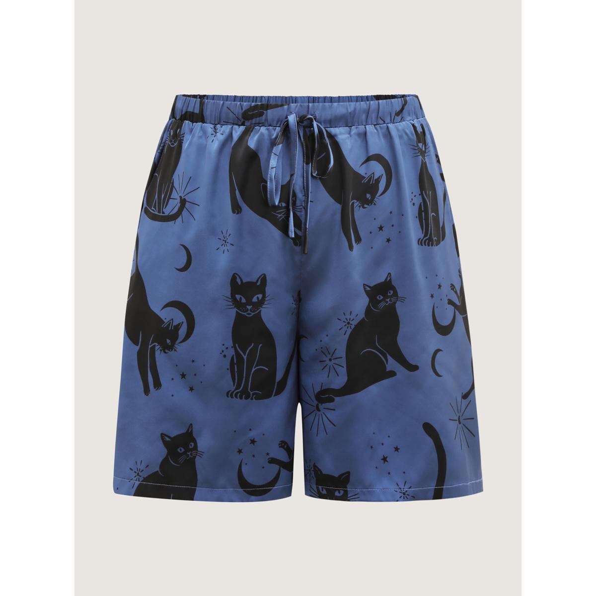 Plus Size Cats Pockets Stretchy Print Co-ord Set Women Mediumblue Graphic-Halloween Non Long Sleeve Lapel Collar Leisure Loungewear Sets BloomChic 12/L Product Image