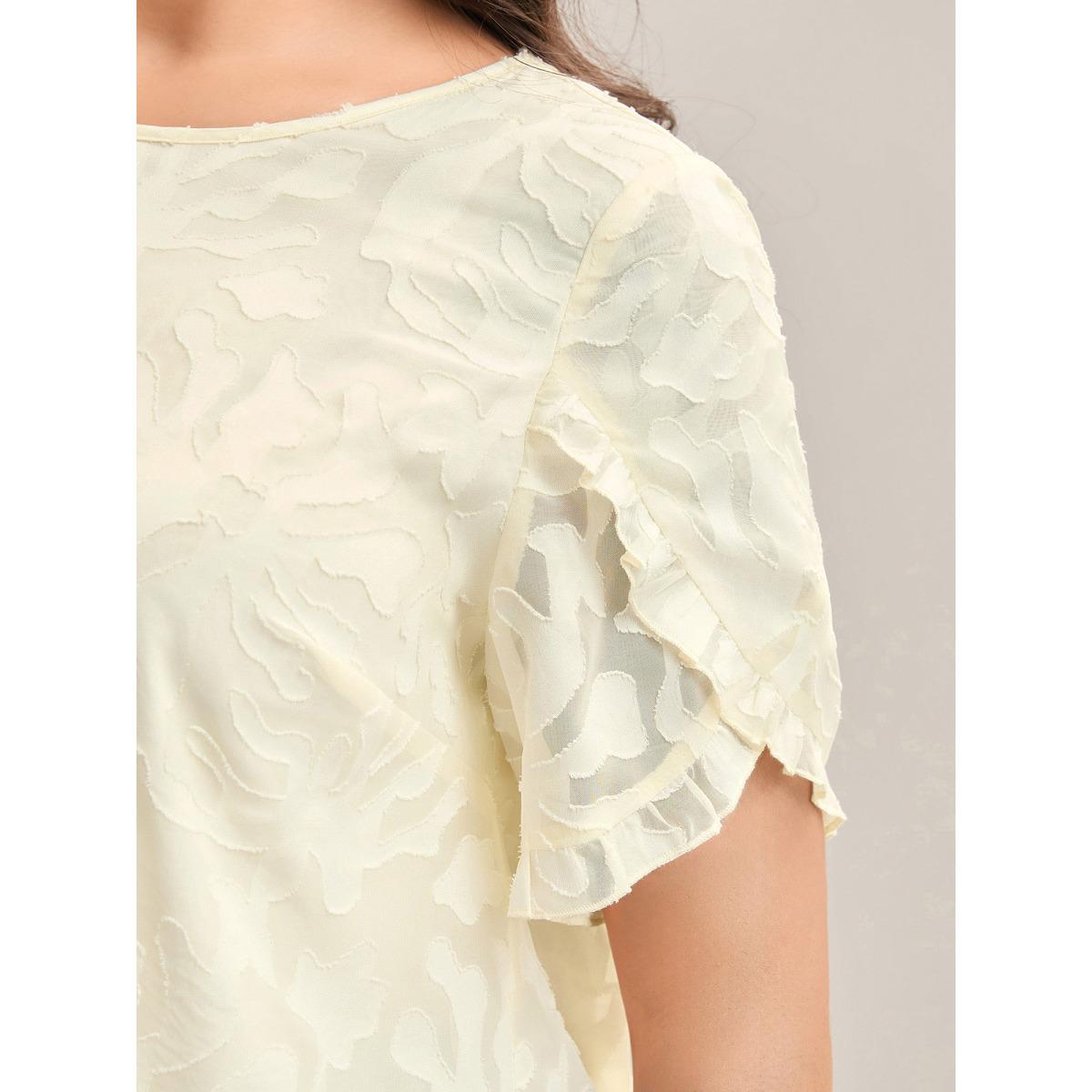 Plus Size Ivory Chiffon Floral Textured Ruffled Blouse Women Elegant Short sleeve Round Neck Everyday-Elegant Blouses BloomChic 30/6X Product Image