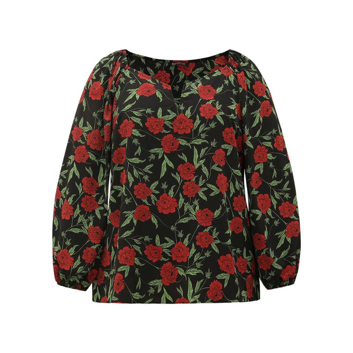 Plus Size BlackFlower Floral Print Notched Lantern Sleeve Blouse Women Elegant Long Sleeve Square Neck Dailywear Blouses BloomChic 10/M Product Image