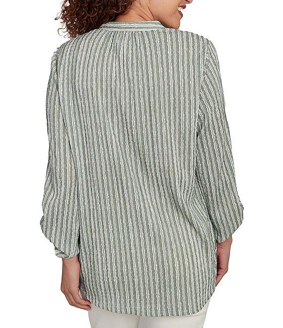Ruby Rd. Crinkle Knit Stripe V-Neck Long Roll-Tab Sleeve Henley Top Product Image