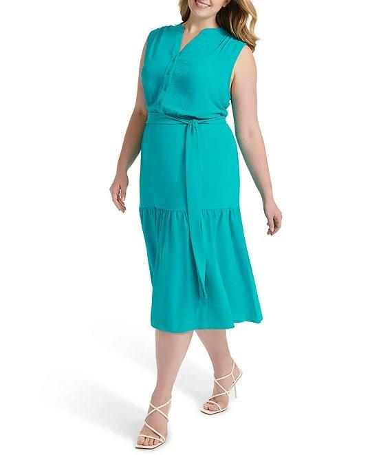 Donna Karan Plus Size V-Neck Button Front Midi Dress Product Image