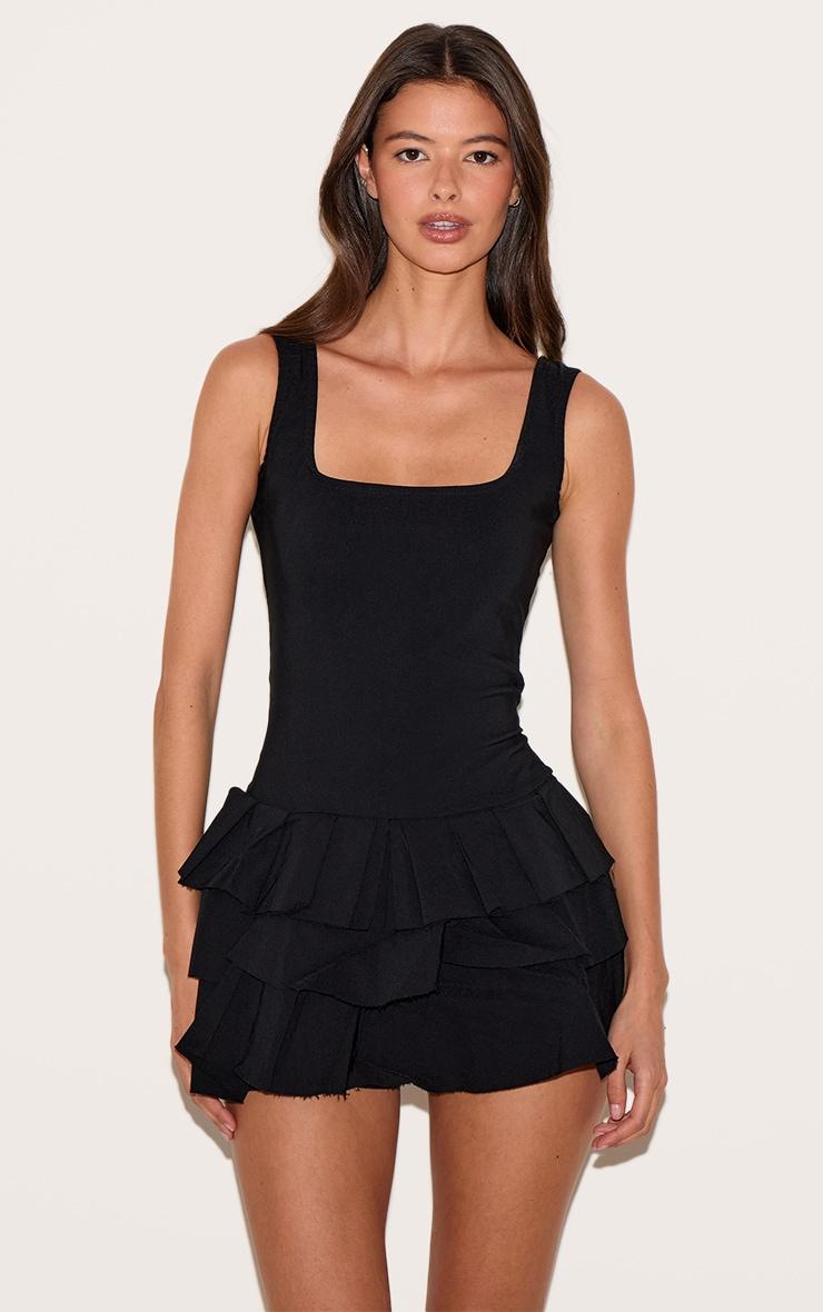 Black Stretch Woven Pleated Skort Romper Product Image