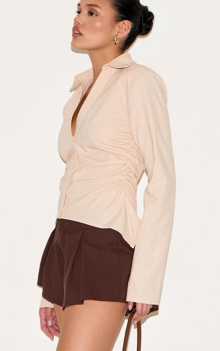 Beige Linen Blend Shoulder Padded Fitted Shirt Product Image