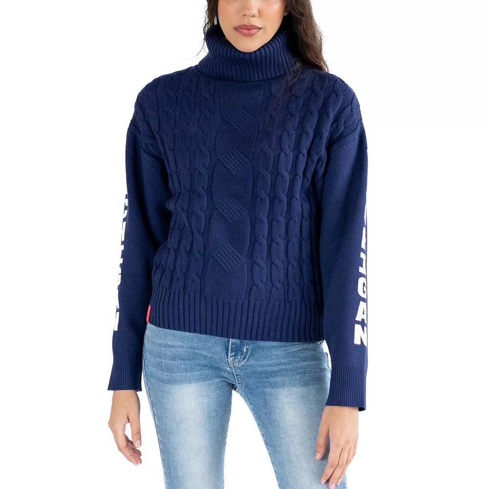 Women's Lusso Navy Michigan Wolverines Sylvie Cable Knit Turtleneck Pullover Sweater,  Product Image