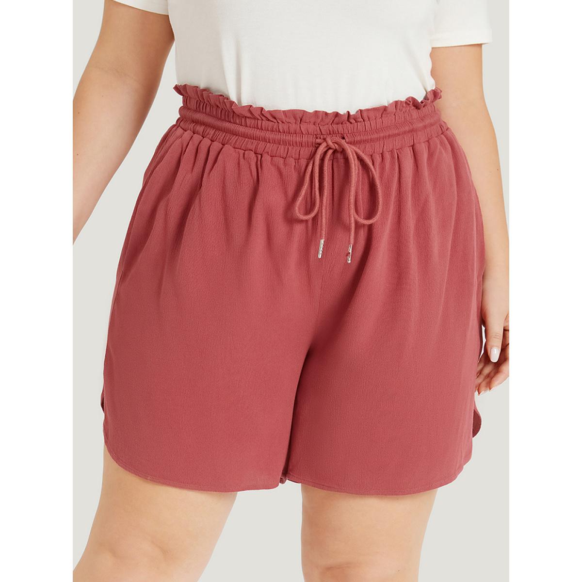 Plus Size Plain Textured Pocket Paperbag Waist Drawstring Split Side Shorts Women Russet Elegant Plain Dailywear Shorts BloomChic 22-24/3X Product Image