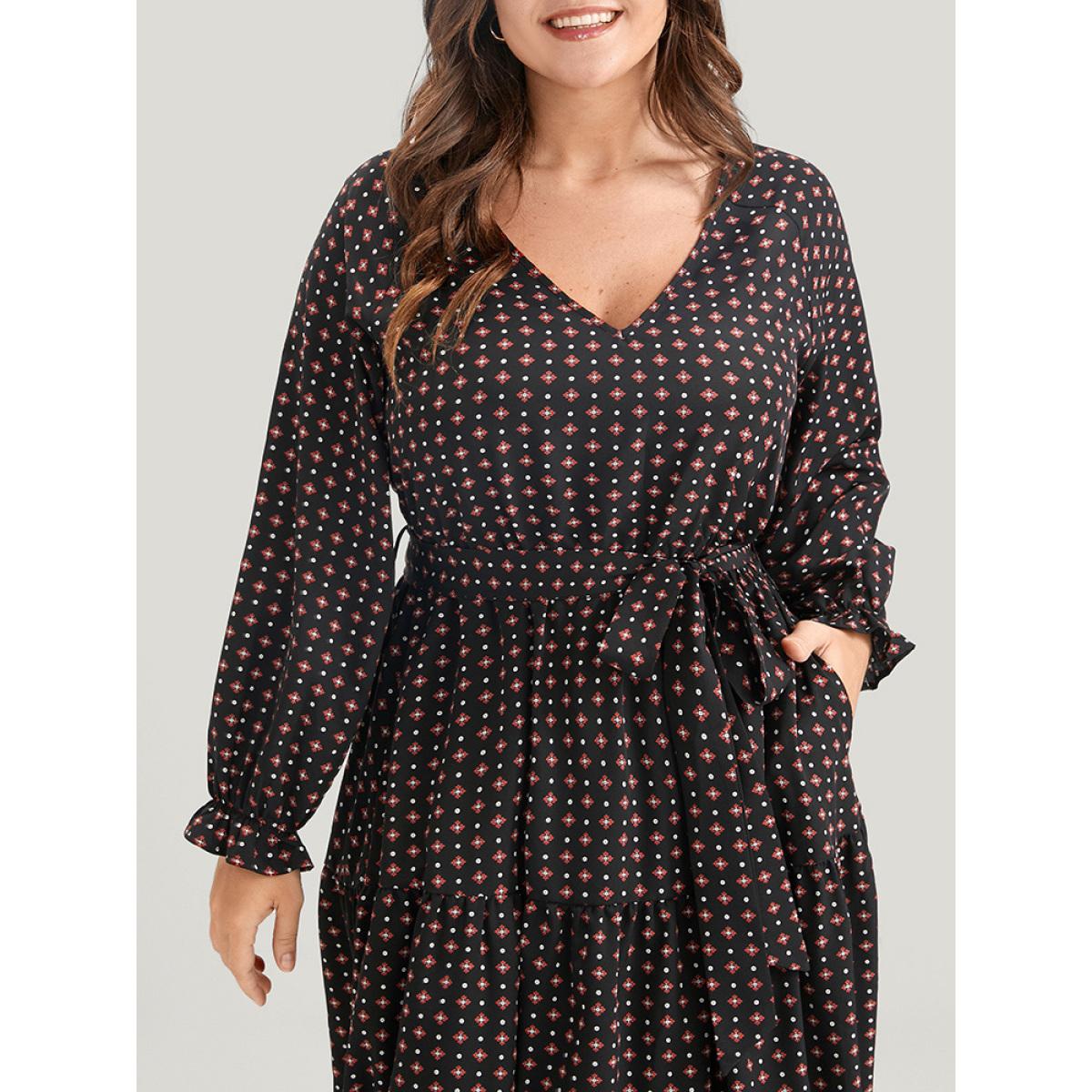 Plus Size Geometric Belted Lantern Sleeve Pocket Ruffle Tiered Dress Black Women Elegant Pocket V-neck Long Sleeve Curvy Midi Dress BloomChic 14-16/1X Product Image