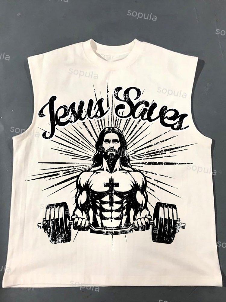 Jesus Saves Jesus Power Fitness Print Cotton Tank Top Product Image