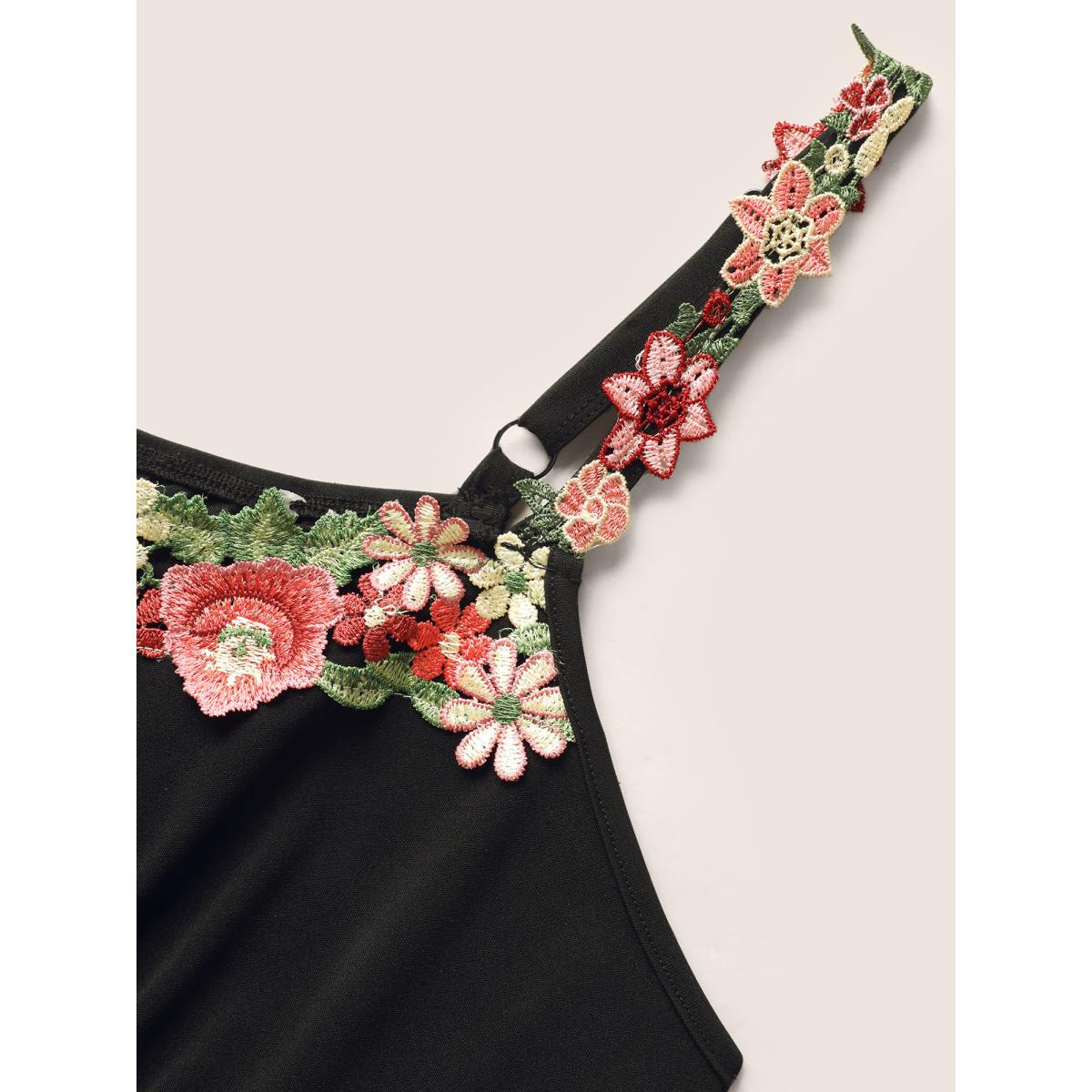 Plus Size Floral Embroidered Pocket Midi Cami Dress Black Women Romantic Embroidered Heart neckline Sleeveless Curvy BloomChic 26/4X Product Image