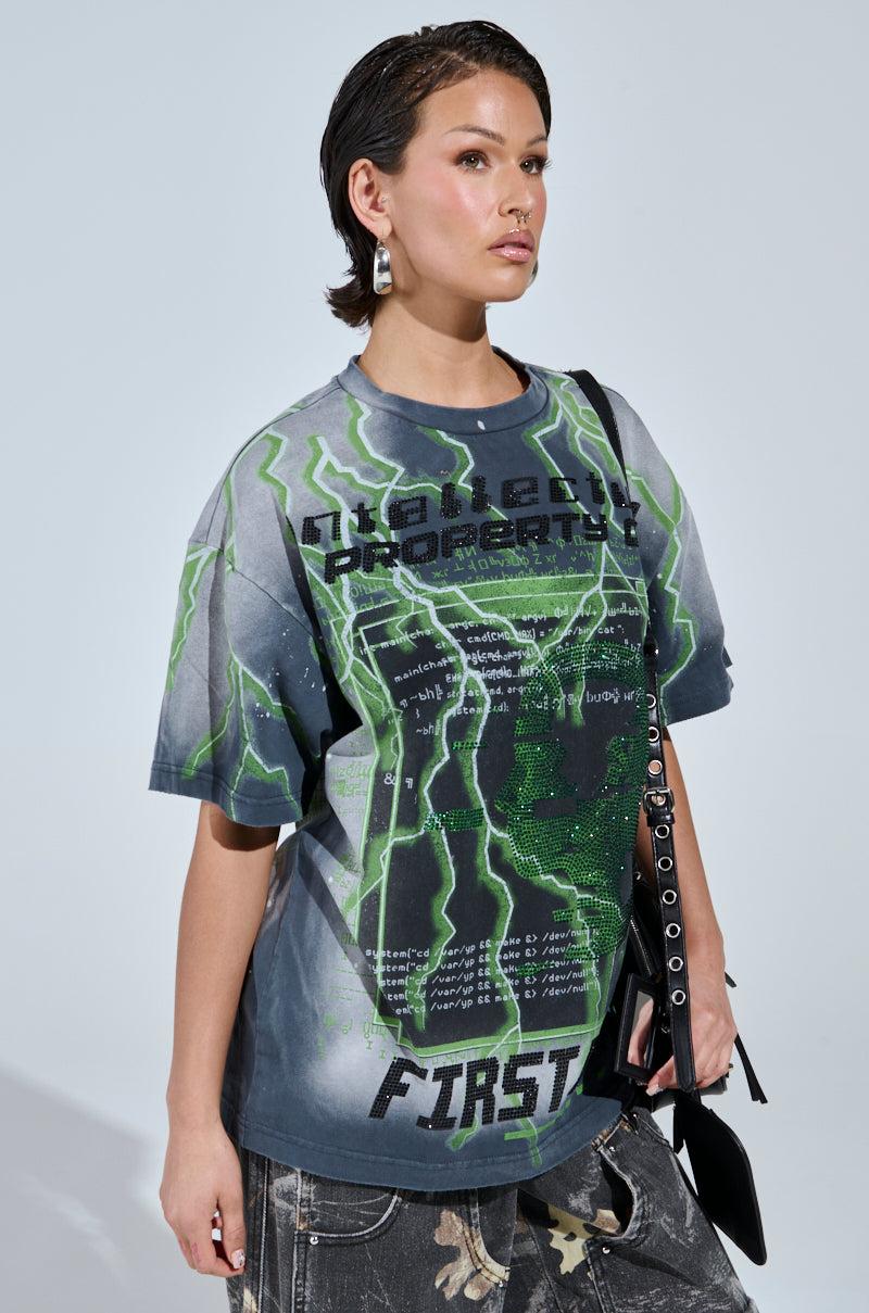 FIRST ONE HERE OVERSIZED GRAPHIC TEE Product Image