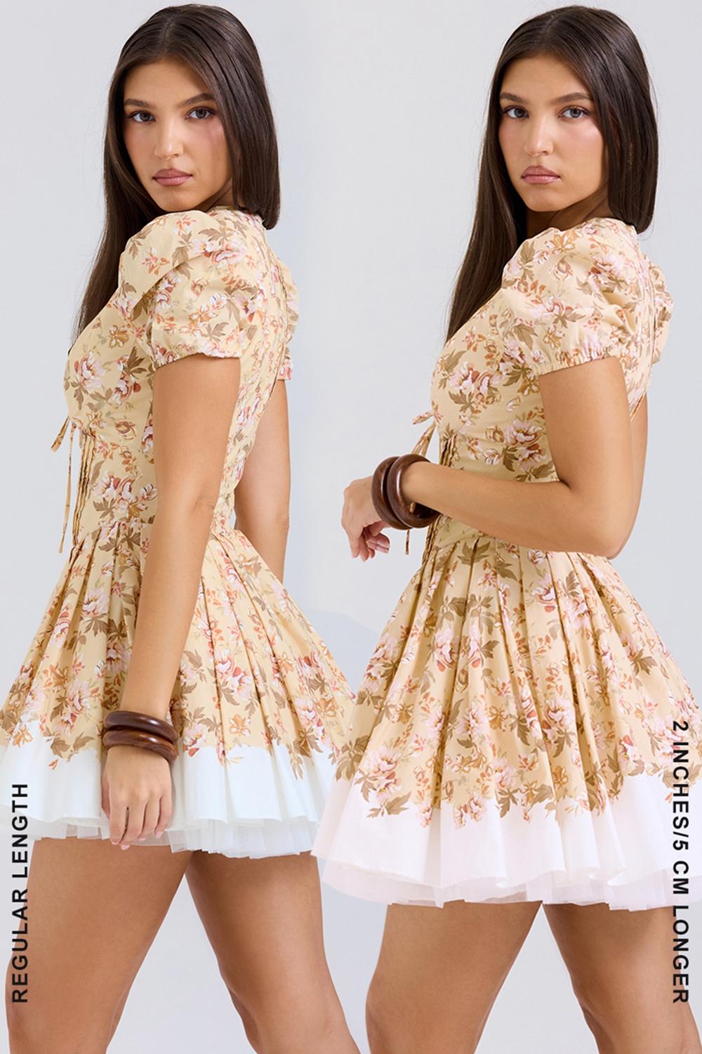 Imani  honeyflower print pleated cotton mini dress Product Image
