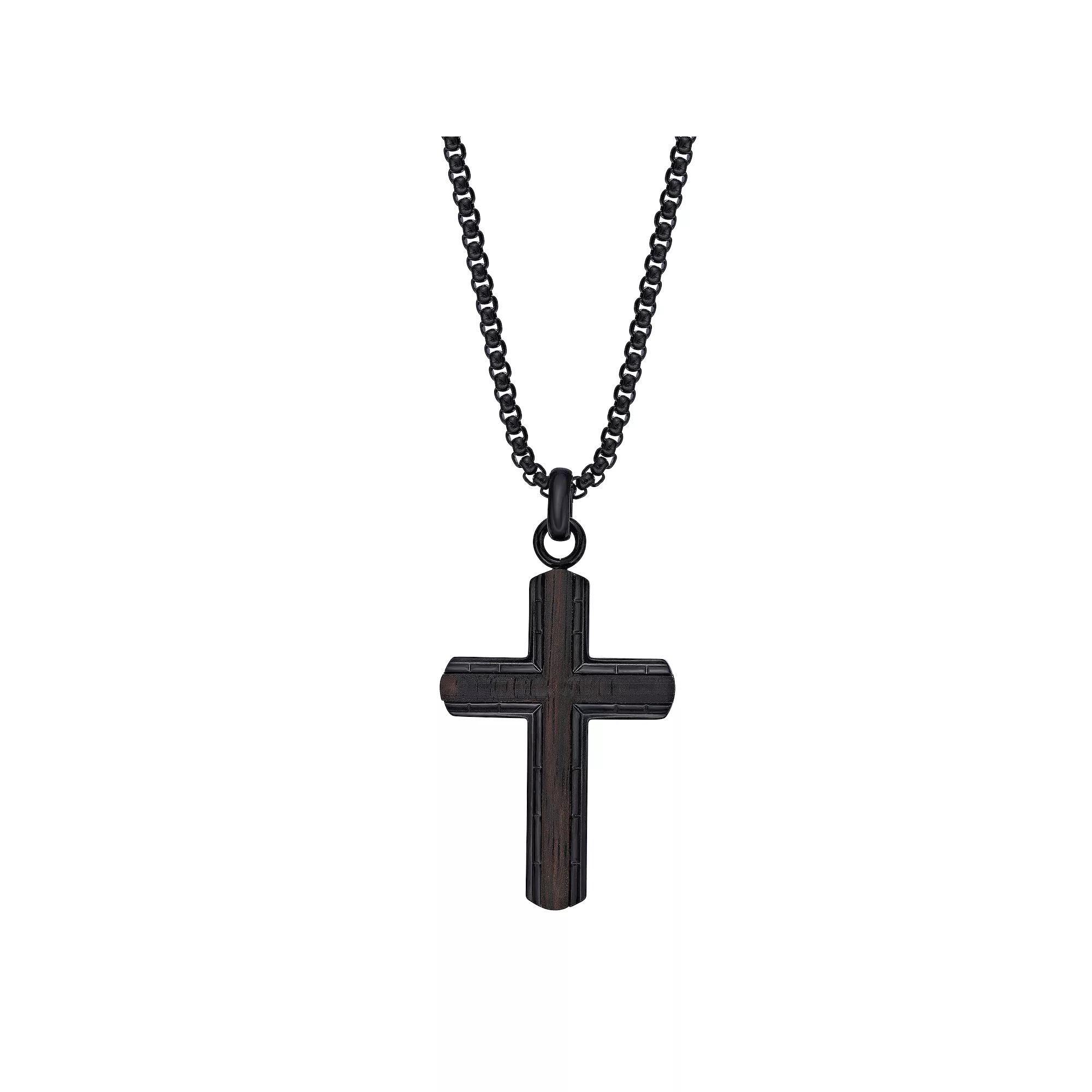 Mens LYNX Black Ion Plated Stainless Steel & Ebony Wood Cross Pendant Necklace Product Image