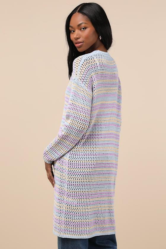 Breezy Strolls Light Blue Multi Striped Crochet Long Cardigan Product Image