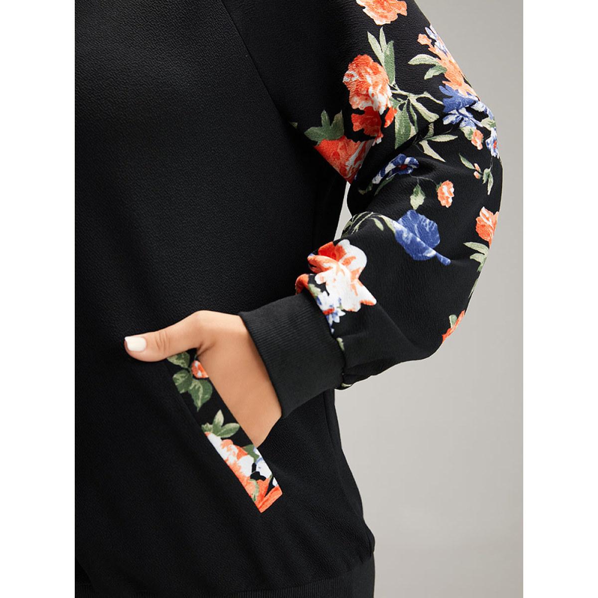 Plus Size Floral Patchwork Zipper Pocket Bomber Jacket Women Black Elastic cuffs Pocket Everyday Jackets BloomChic 28/5X Product Image