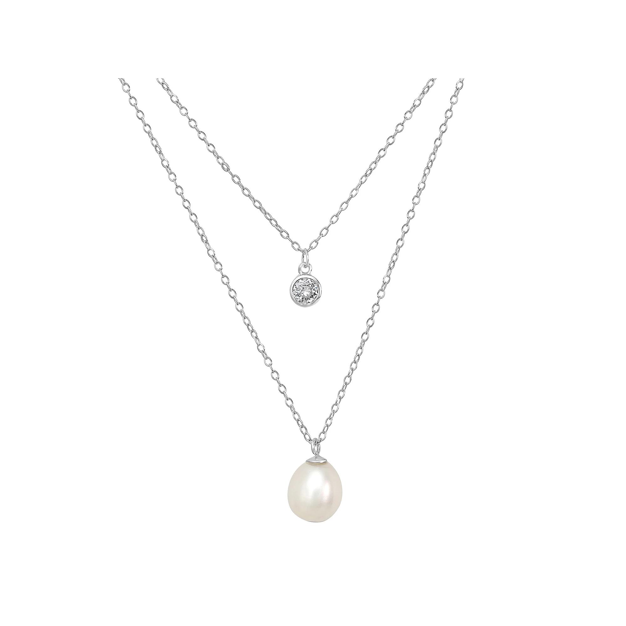 Gemistry Sterling Silver Cubic Zirconia Freshwater Cultured Pearl Double Layer Pendant Necklace, Women's, Size: 18-20" ADJ Product Image