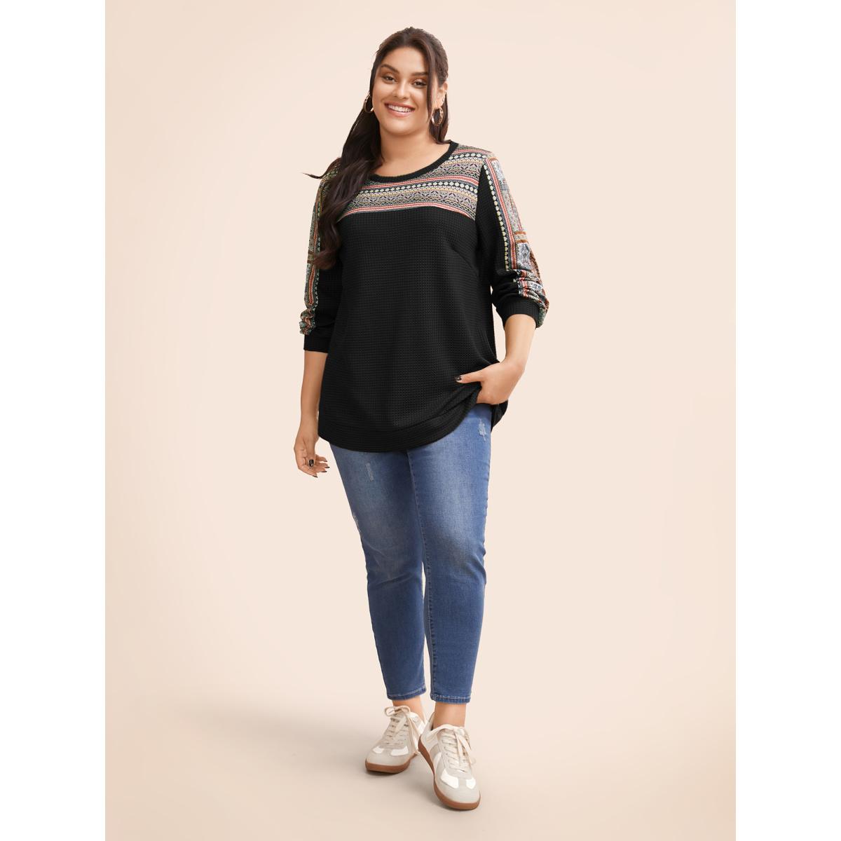 Plus Size Boho Print Patchwork Waffle Knit Crew Neck Sweatshirt Women Black Leisure Elastic cuffs Round Neck Casual Sweatshirts BloomChic 10/M Product Image