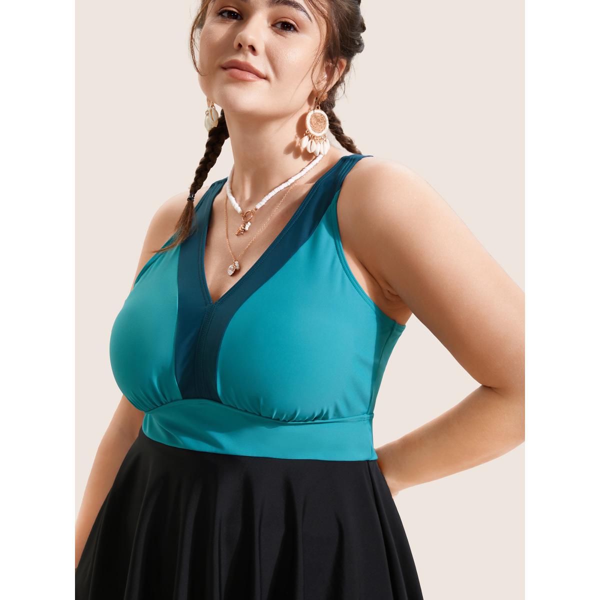 Plus Size V Neck Patchwork Contrast Gathered Swim Dress Women's Swimwear Emerald Beach Bodycon V-neck High stretch Curve Swim Dresses BloomChic 26/4X Product Image
