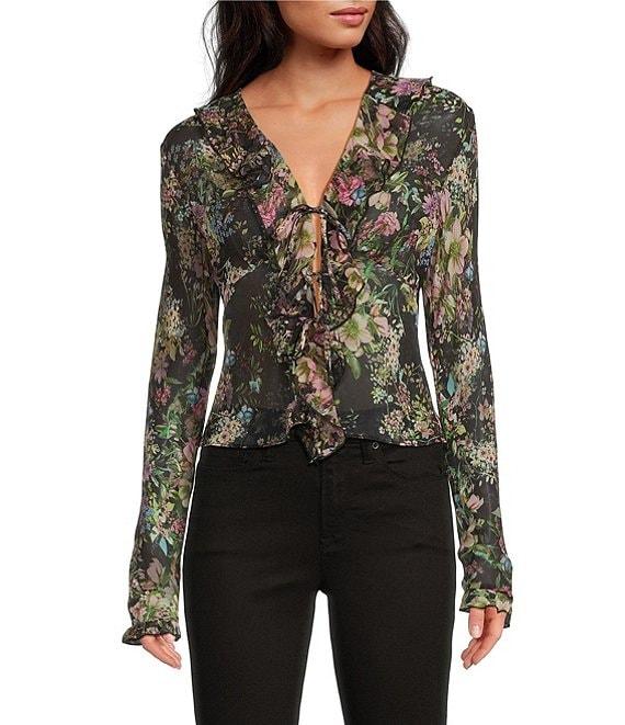 Lucy Paris Knit Niamh Mesh Long Sleeve V-Neck Top Product Image