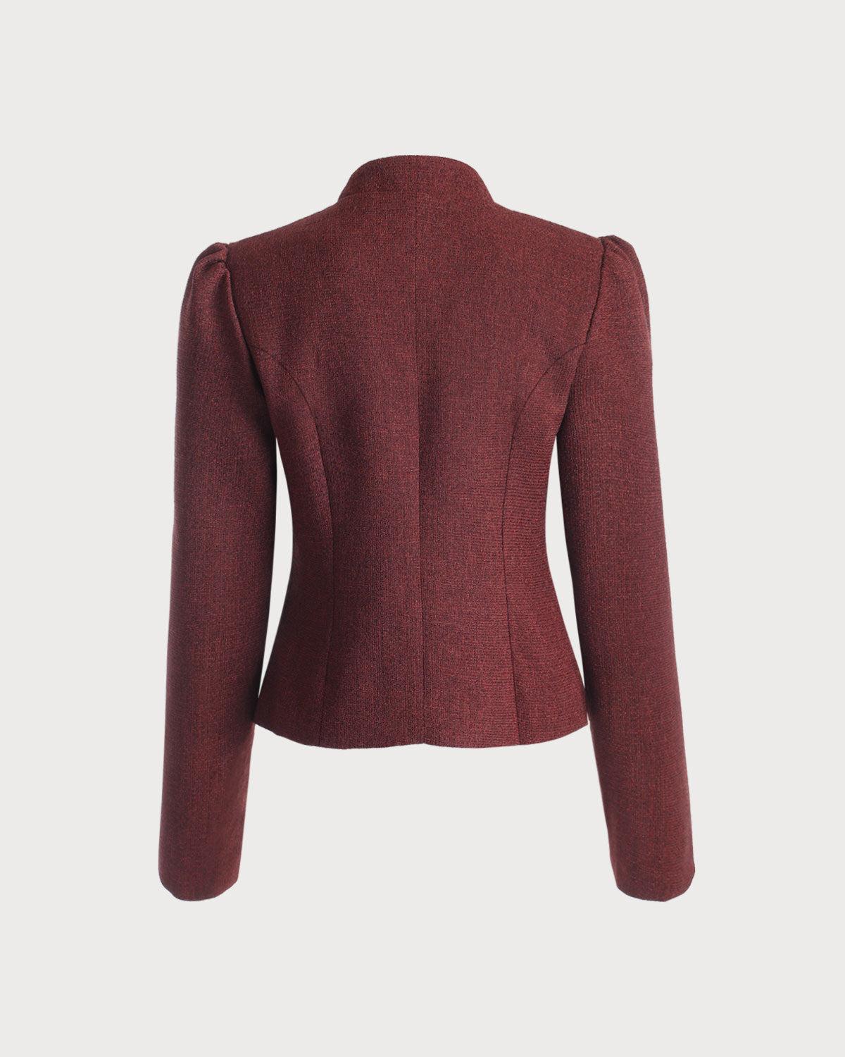 Burgundy Retro Single-breasted Tweed Jacket Female Product Image