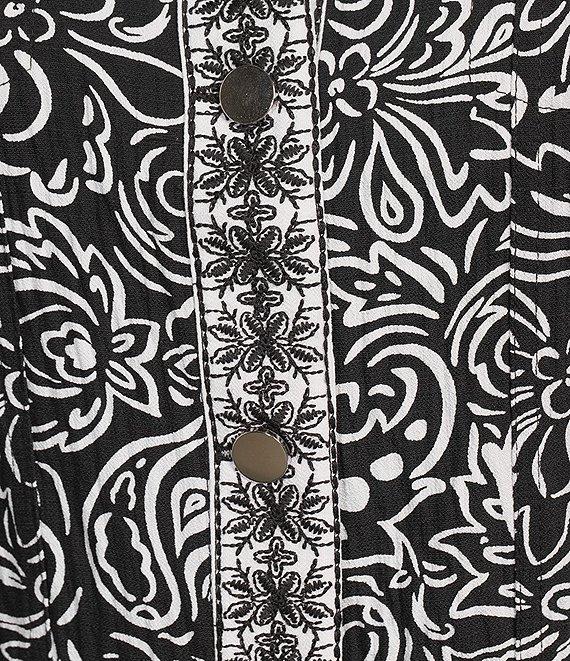 Ruby Rd. Plus Size Luxe Voile Abstract Botanical Border Print Point Collar Long Sleeve Button-Front Jacket Product Image