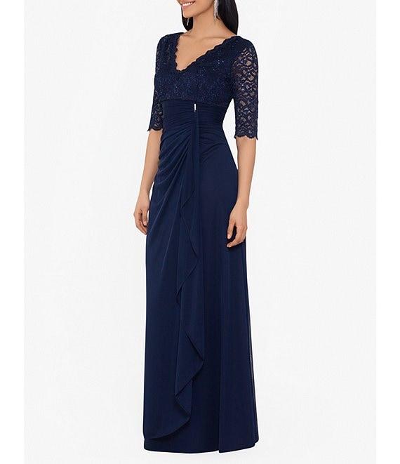Betsy & Adam Sequin Lace V-Neck 3/4 Sleeve Gown Product Image