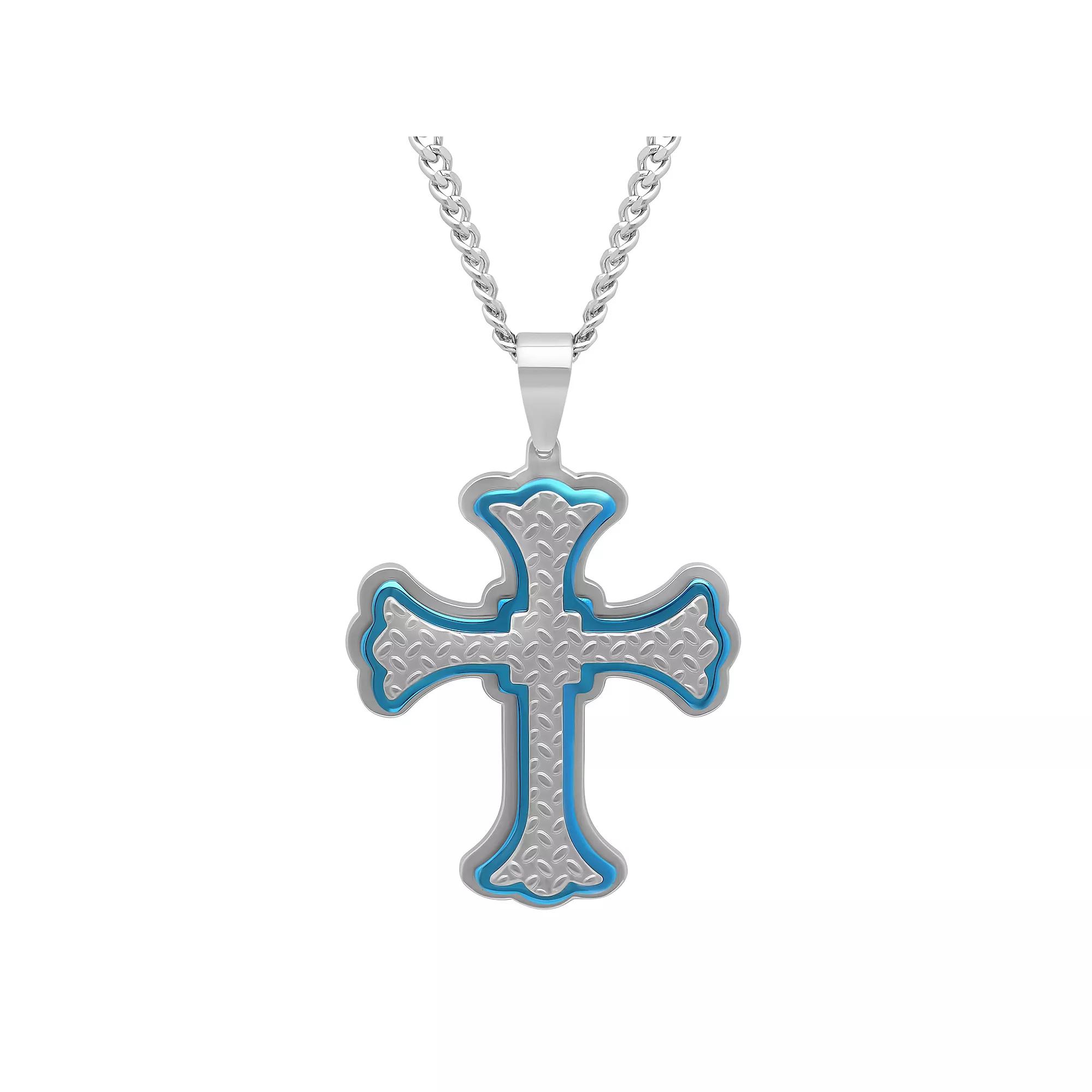 Men's Jewelry Nation Stainless Steel Trim Texture Cross Pendant Necklace, Size: 24", Blue Two Tone Product Image