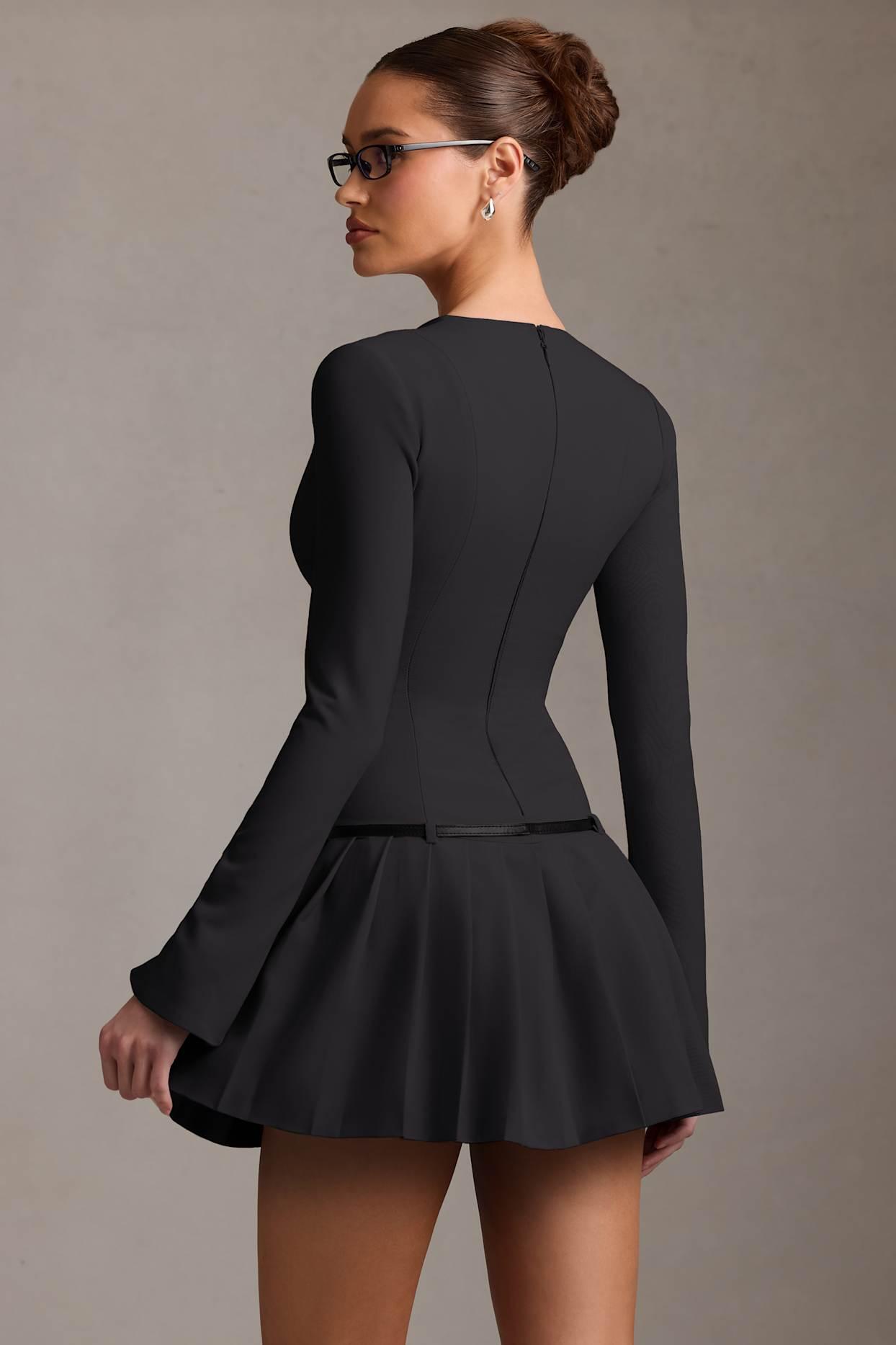 Long-Sleeve Pleated Mini Dress in Black Product Image
