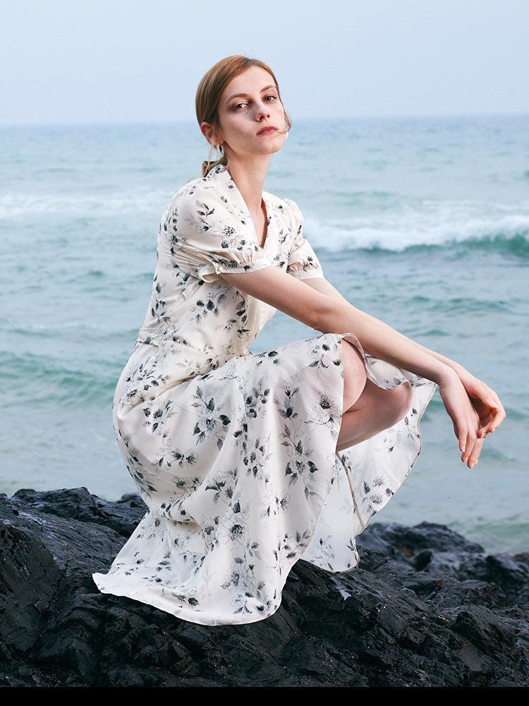 Acetate Ink Floral Print Wrap Midi Dress Product Image