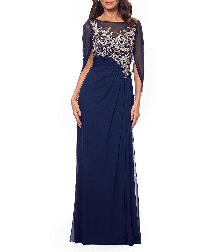 Betsy & Adam Petite Size Boat Neck Cap Sleeve Drape Back Chiffon Applique Sheath Gown Product Image