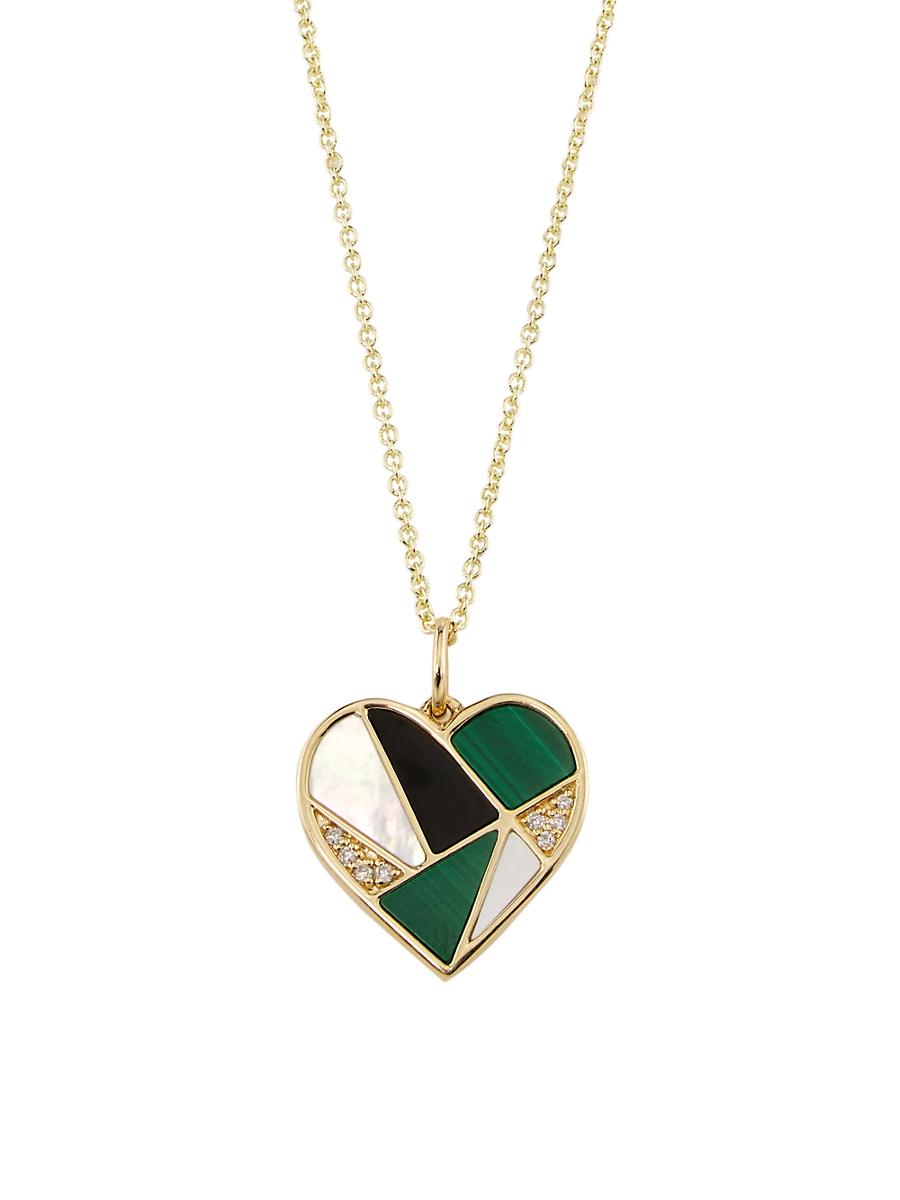 Womens 14K Yellow Gold & Multi-Gemstone Mosaic Heart Pendant Necklace Product Image