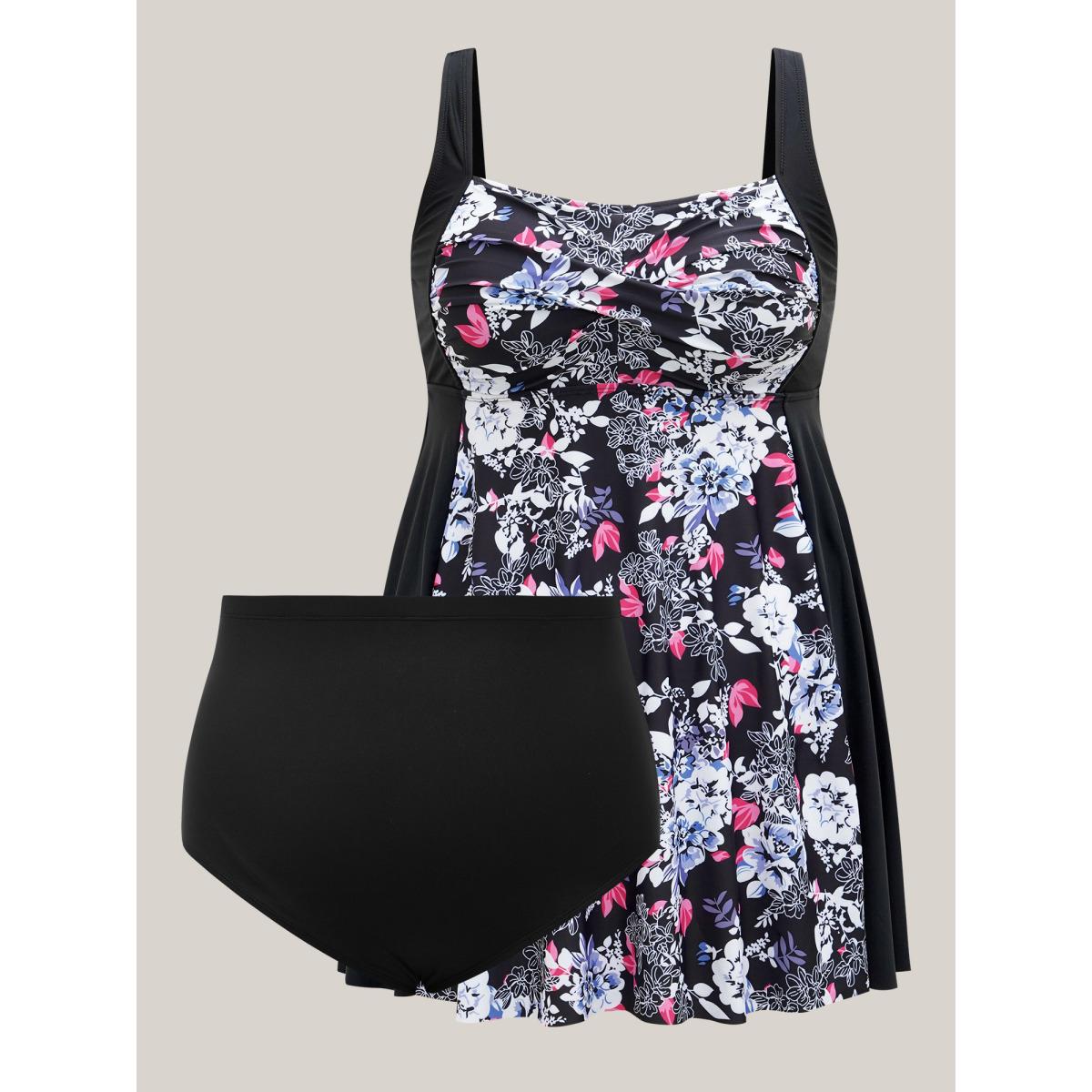 Plus Size Floral Color-Block Twist Front Swim Dress Women's Swimwear Black Beach Bodycon Heart neckline High stretch Curve Swim Dresses BloomChic 22-24/3X Product Image