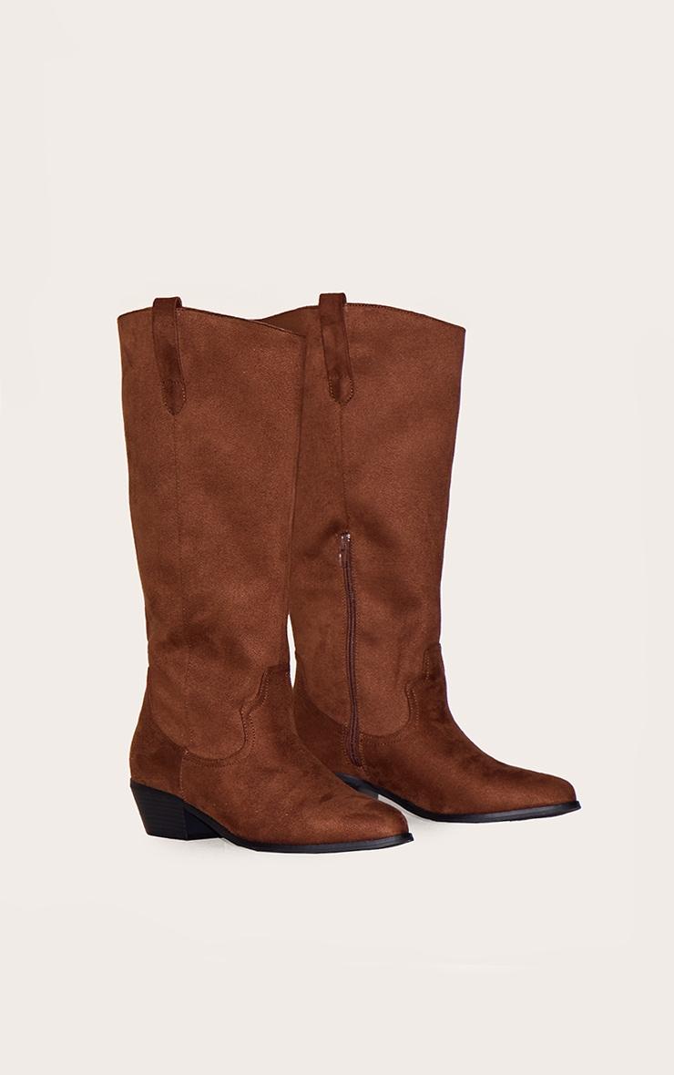 Chocolate Wide Fit Faux Suede Point Toe Knee High Western Boots Product Image
