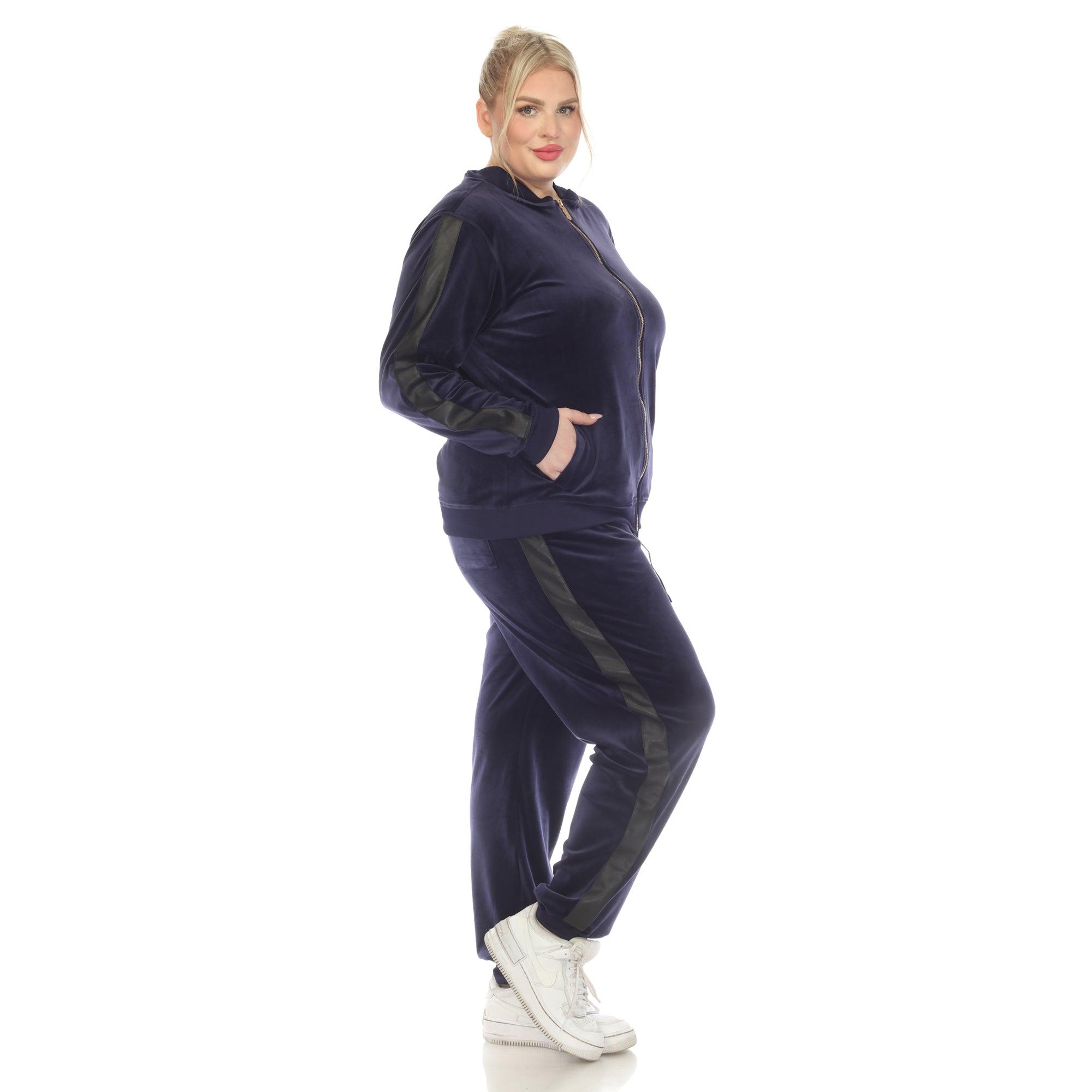 White Mark Women's 2-Piece Velour with Faux Leather Stripe - Plus Female Product Image