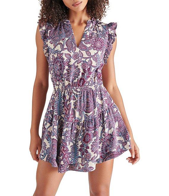 Steve Madden Prairie Dreams Paisley Printed Washed Satin V-Neck Ruffle Cap Sleeve Mini Blouson Dress Product Image